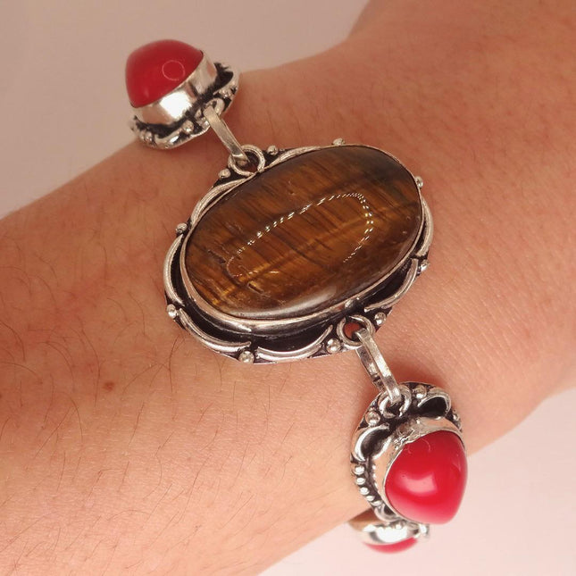 Vintage Red Coral Glass Tigers Eye Silver Toggle Bracelet Silver Bronze