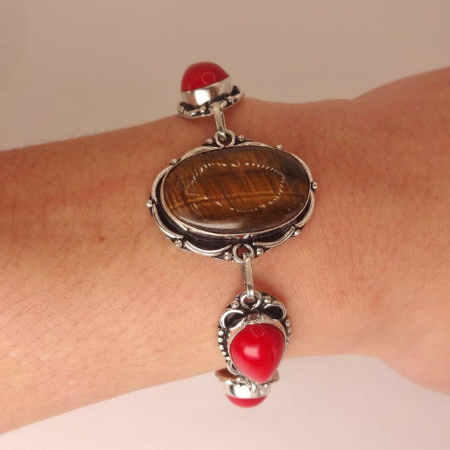 Vintage Red Coral Glass Tigers Eye Silver Toggle Bracelet Silver Bronze