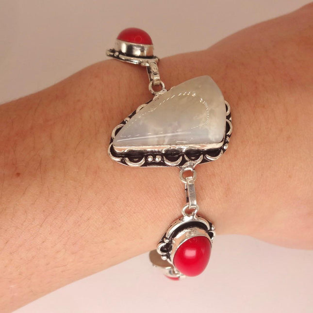 Vintage Rainbow Moonstone Toggle Bracelet Silver Bronze