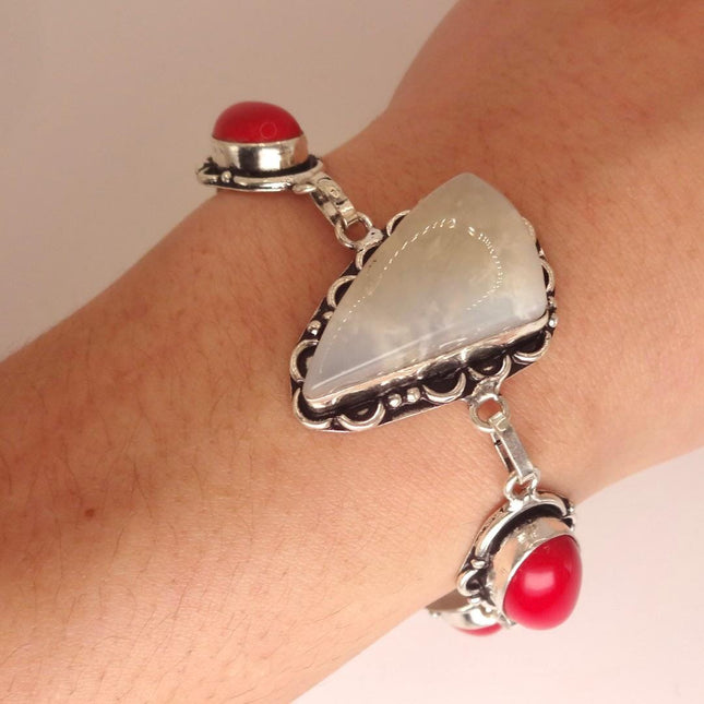 Vintage Rainbow Moonstone Toggle Bracelet Silver Bronze