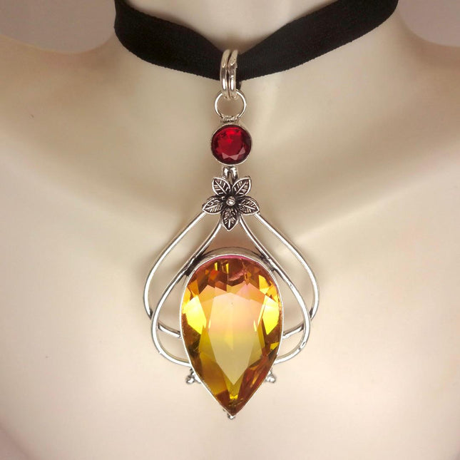 Vintage Pink Yellow Glass Silver Boho Statement Necklace Black Velvet Choker