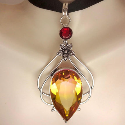 Vintage Pink Yellow Glass Silver Boho Statement Necklace Black Velvet Choker