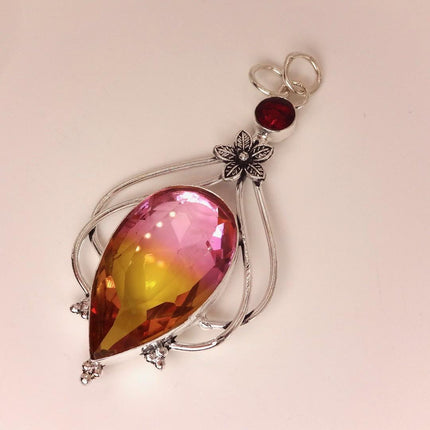 Vintage Pink Yellow Glass Silver Boho Statement Necklace Black Velvet Choker