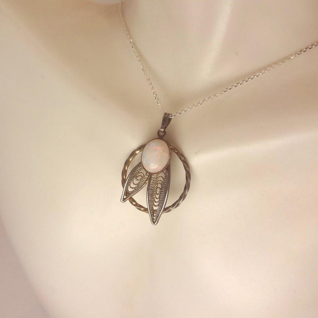 Vintage White Fire Opal Necklace Gold Filled and Sterling Silver