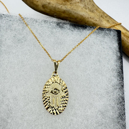 Gold Filled Lucky Charm Necklace: Evil Eye Hand of Fatima