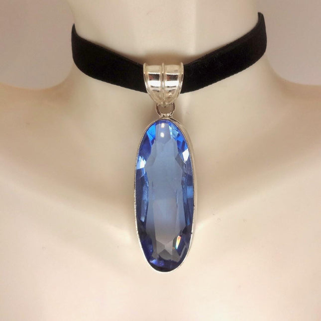 Vintage Aqua Blue Glass Silver Statement Necklace Black Velvet Choker