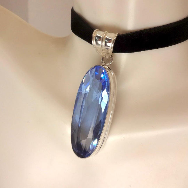 Vintage Aqua Blue Glass Silver Statement Necklace Black Velvet Choker