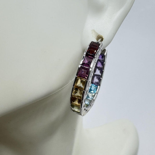 Vintage Mixed Gemstone 925 Sterling Silver Hoop Earrings