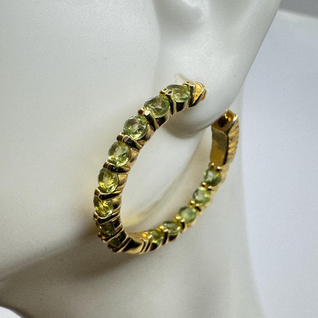 Vintage Green Peridot Golden 925 Sterling Silver Hoop Earrings