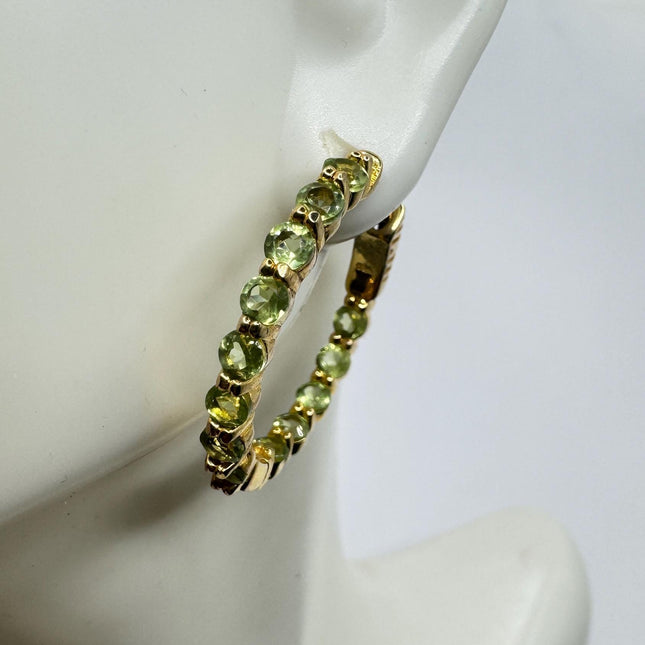 Vintage Green Peridot Golden 925 Sterling Silver Hoop Earrings