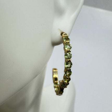 Vintage Green Peridot Golden 925 Sterling Silver Hoop Earrings