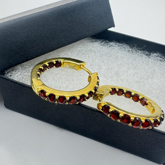 Vintage Red Bohemian Garnet Golden 925 Sterling Silver Hoops