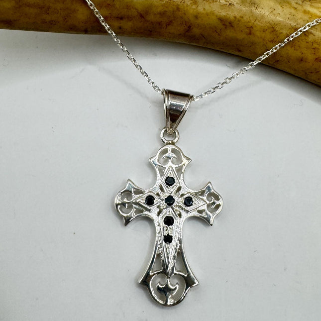 Vintage Sterling Silver Cross Pendant Necklace: Religious Charm Deep Sapphires
