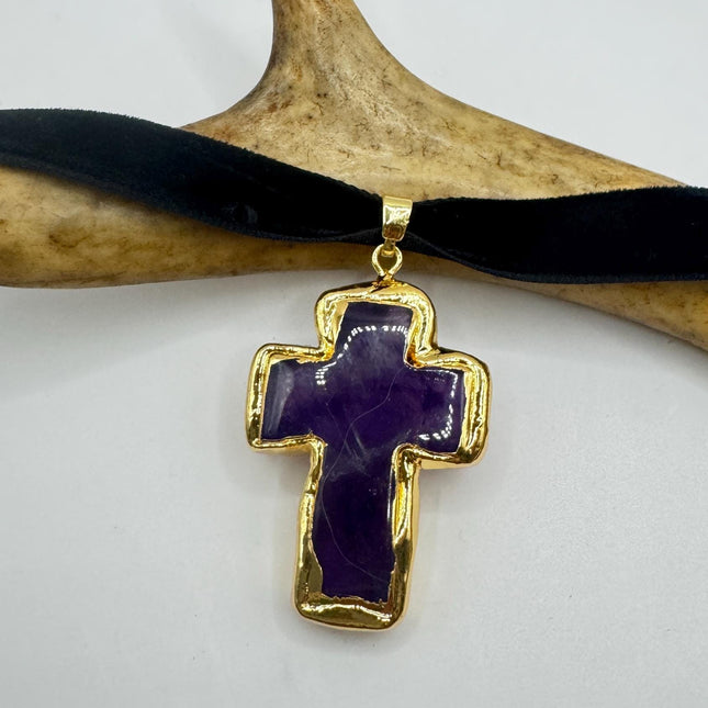 Vintage Amethyst Cross Necklace Golden Frame Black Velvet Choker Necklace