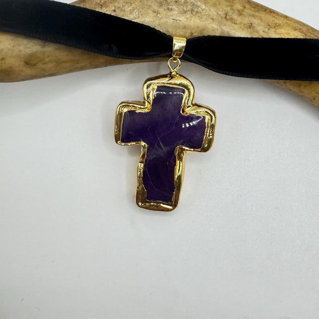 Vintage Amethyst Cross Necklace Golden Frame Black Velvet Choker Necklace