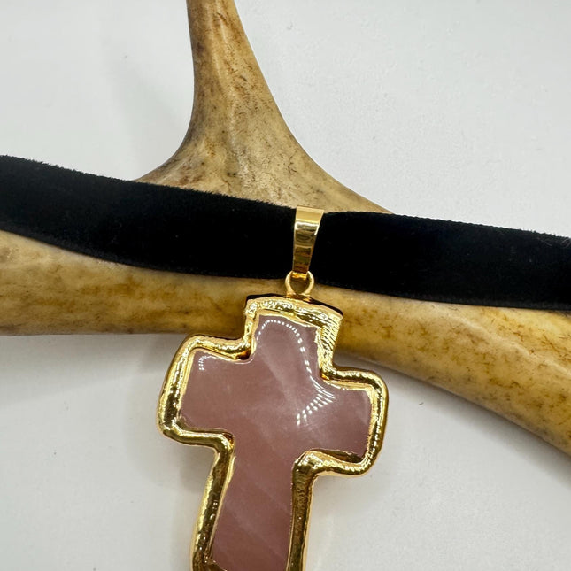 Vintage Pink Rose Quartz Cross Black Velvet Choker