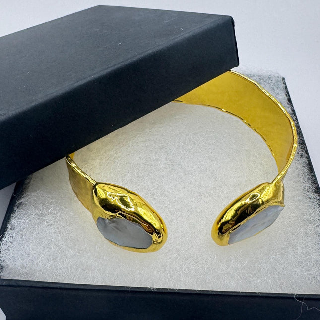 Vintage White Pearl Gemstone Cuff Bracelet Golden 925 Sterling Silver Elegant Wedding