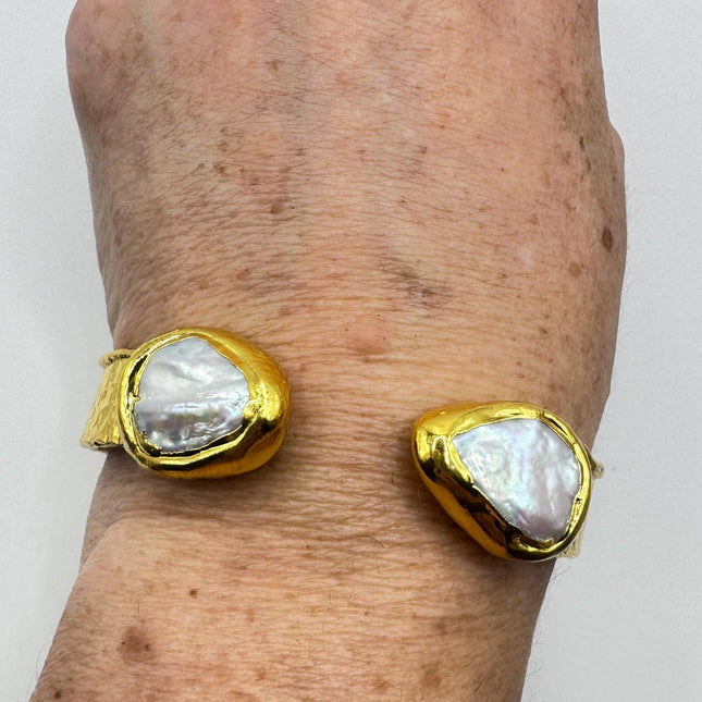 Vintage White Pearl Gemstone Cuff Bracelet Golden 925 Sterling Silver Elegant Wedding