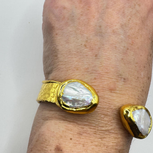 Vintage White Pearl Gemstone Cuff Bracelet Golden 925 Sterling Silver Elegant Wedding
