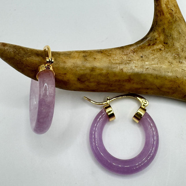 Vintage Pale Purple Lavender Jade Gold Lucky Hoop Earrings