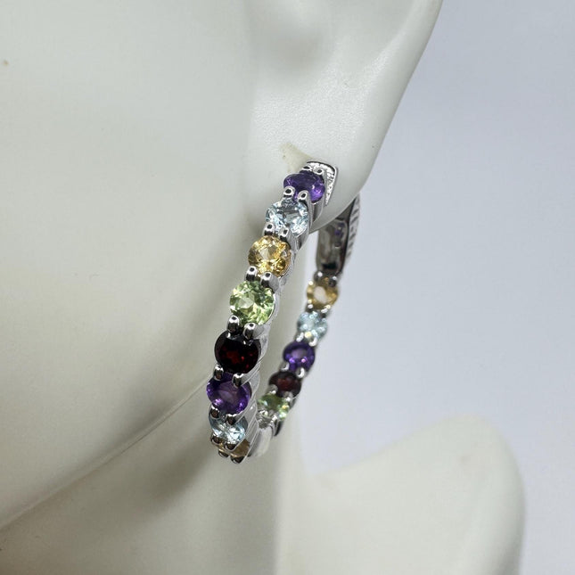 Vintage Mixed Gemstone 925 Sterling Silver Hoop Earrings