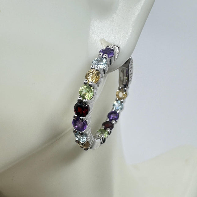 Vintage Mixed Gemstone 925 Sterling Silver Hoop Earrings
