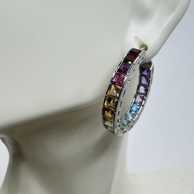 Vintage Mixed Gemstone 925 Sterling Silver Hoop Earrings
