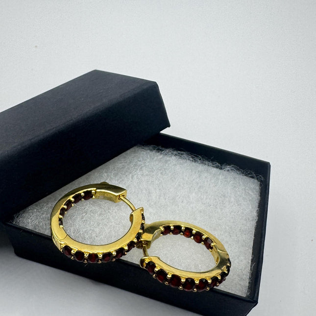 Vintage Red Bohemian Garnet Golden 925 Sterling Silver Hoops