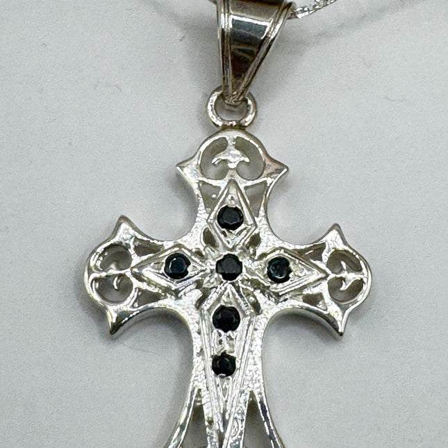 Vintage Sterling Silver Cross Pendant Necklace: Religious Charm Deep Sapphires