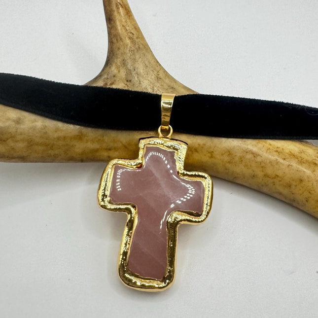 Vintage Pink Rose Quartz Cross Black Velvet Choker