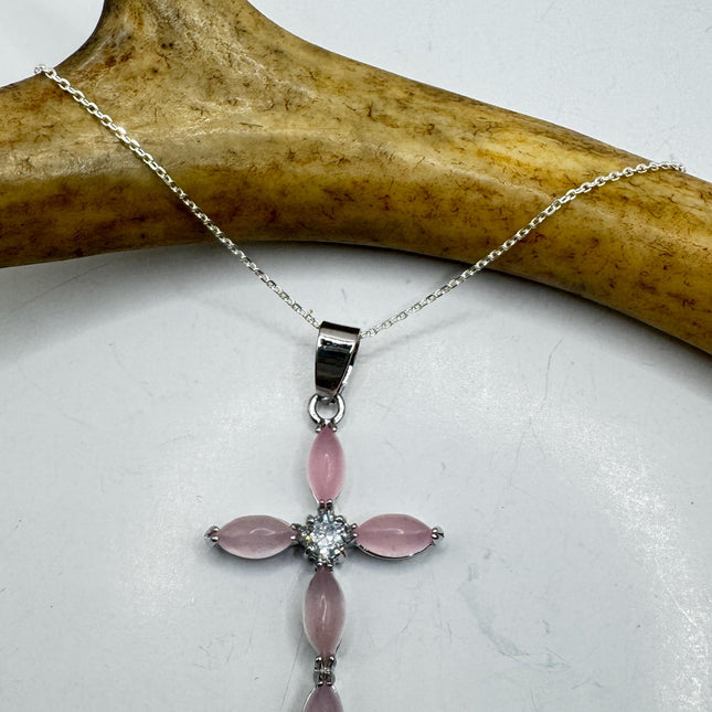 Vintage Pink Rose Quartz Cross 925 Sterling Silver Necklace