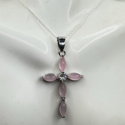Vintage Pink Rose Quartz Cross 925 Sterling Silver Necklace