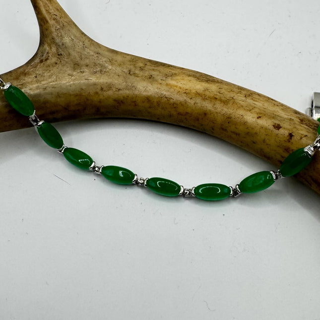 Vintage Green Lucky Jade Silver Bracelet 8 inch