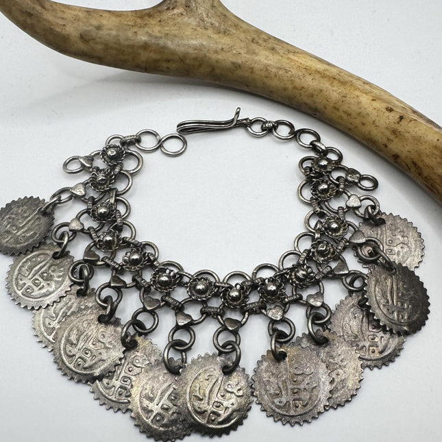 Vintage Circle charm Belly Dance bracelet Chunky Stackable Layered Silver