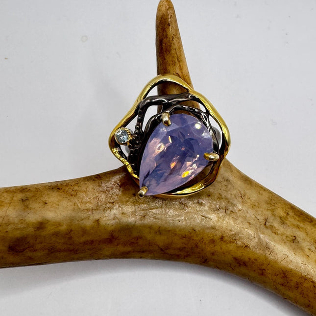 Vintage Lavender Rose Quartz Statement Ring Gold 925 Sterling Silver Adjustable