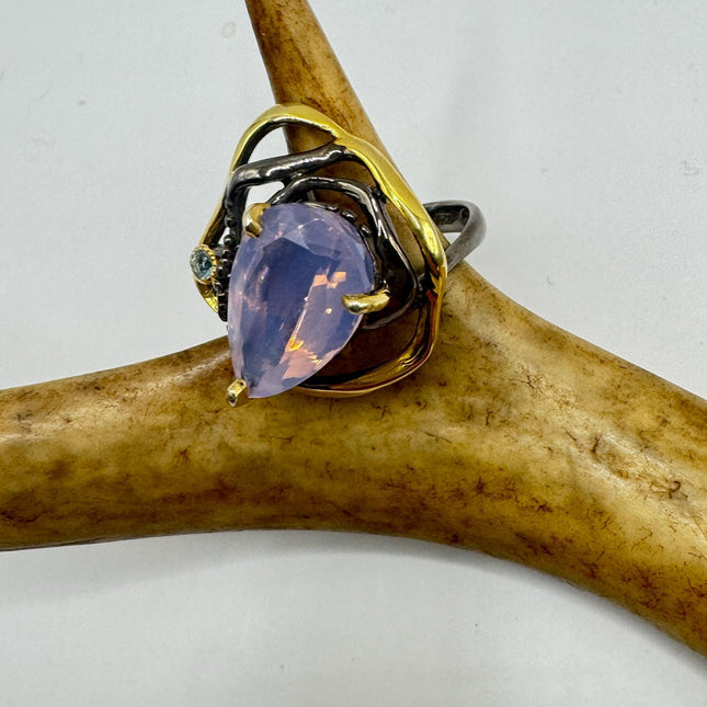 Vintage Lavender Rose Quartz Statement Ring Gold 925 Sterling Silver Adjustable