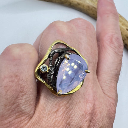 Vintage Lavender Rose Quartz Statement Ring Gold 925 Sterling Silver Adjustable