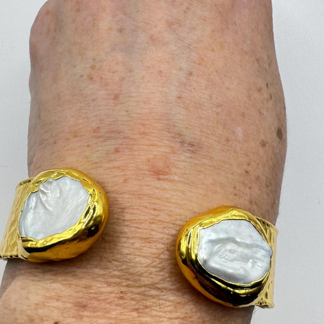Vintage White Pearl Gemstone Cuff Bracelet Golden 925 Sterling Silver Elegant Wedding