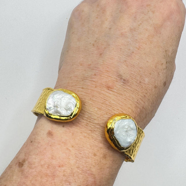 Vintage White Pearl Gemstone Cuff Bracelet Golden 925 Sterling Silver Elegant Wedding