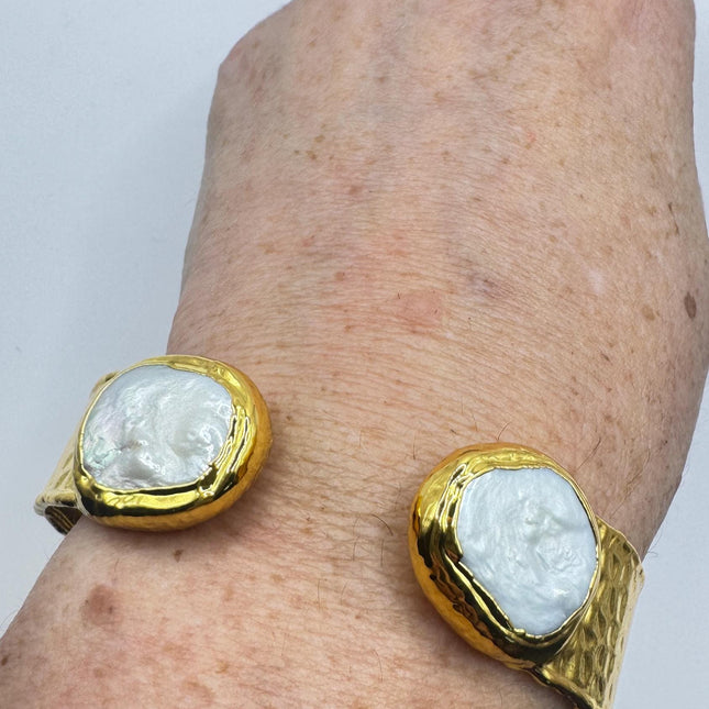 Vintage White Pearl Gemstone Cuff Bracelet Golden 925 Sterling Silver Elegant Wedding