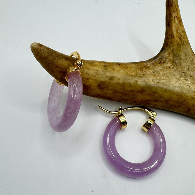 Vintage Pale Purple Lavender Jade Gold Lucky Hoop Earrings