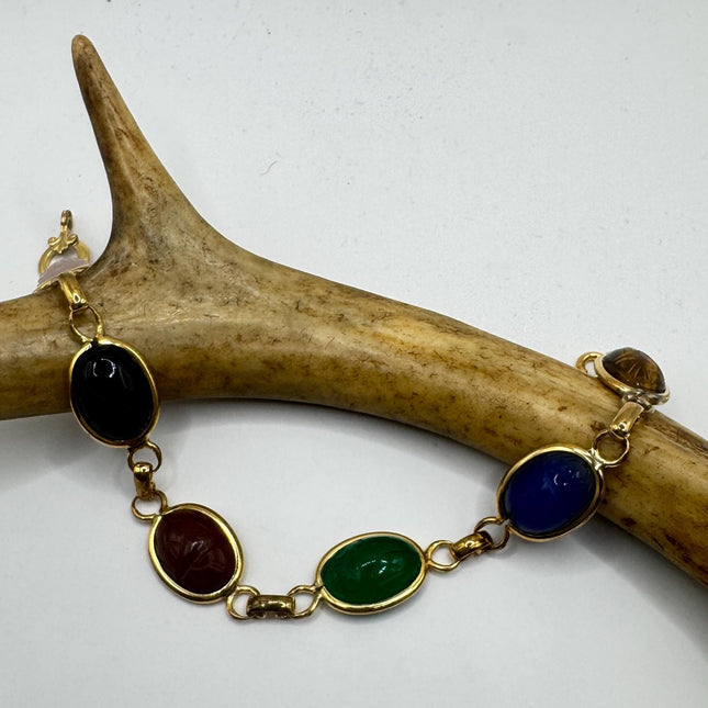 Vintage Mixed Agate Gemstone Scarab Station Bracelet | Set in 925 Sterling Silver | Stacking Layered Birthstone