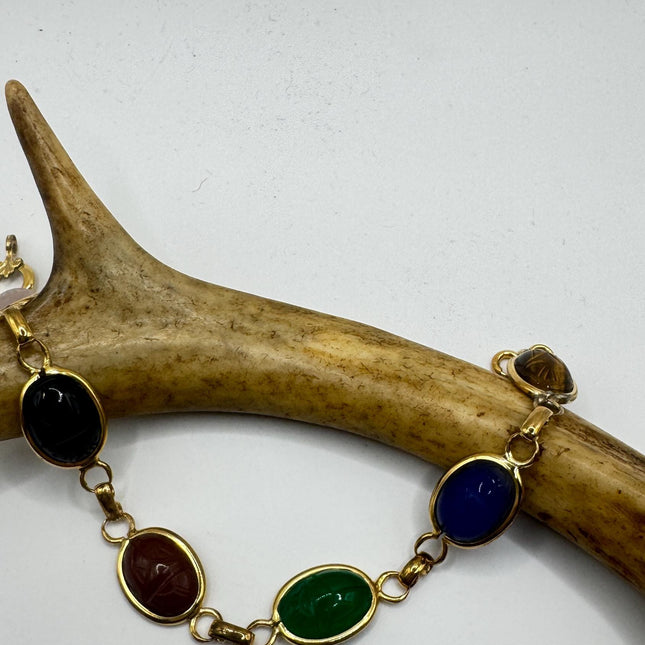 Vintage Mixed Agate Gemstone Scarab Station Bracelet | Set in 925 Sterling Silver | Stacking Layered Birthstone