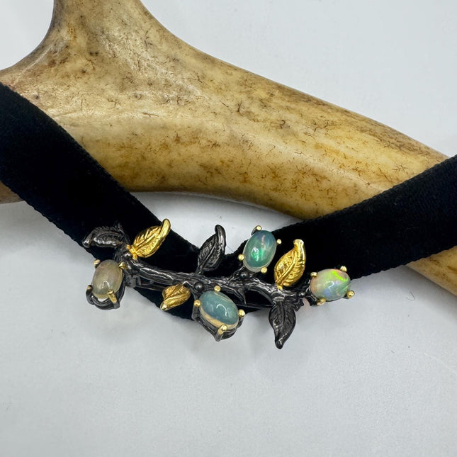 Vintage White Opal Pin Brooch: 925 Sterling Silver Velvet Choker