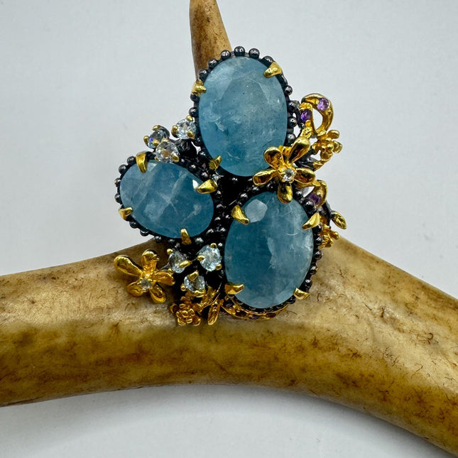 Vintage 925 Sterling Silver Cocktail Ring: Aquamarine Amethyst blue topaz