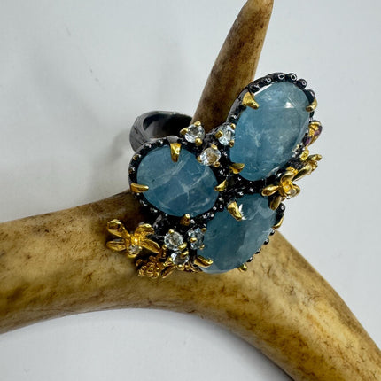 Vintage 925 Sterling Silver Cocktail Ring: Aquamarine Amethyst blue topaz