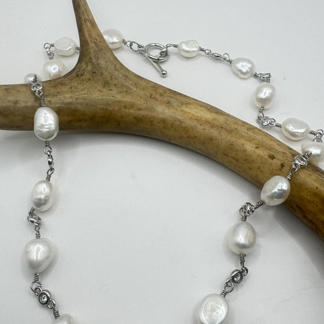 Silver Pearl Necklace: Vintage Style with Crystal Stations