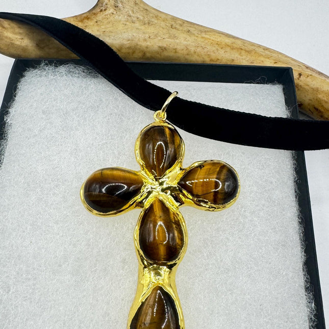 Vintage Tigers Eye Cross Choker Necklace