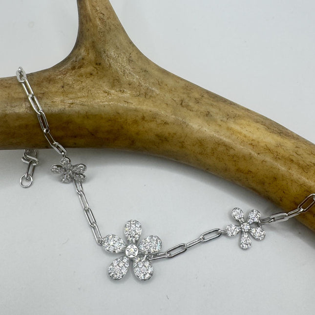 Vintage Filigree Flower Bracelet: 925 Sterling Silver Chain, 7.25 Inches