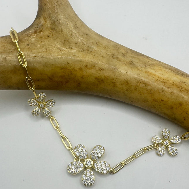 Vintage Filigree Flower Bracelet:Golden 925 Sterling Silver Chain, 7.25 Inches